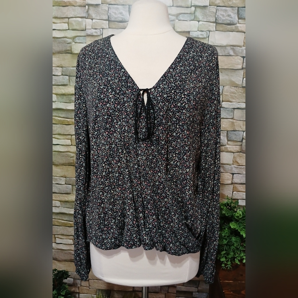 XL Mossimo Supply Co. Tie Front Wrap Black Multicolor Floral Blouse